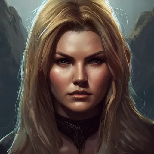 Image similar to front centered symmetrical portrait, Elisha Cuthbert as a D&D paladin, dramatic lighting, cinematic, establishing shot, high detail, photo realistic, cinematic lighting, post processed, 8k, concept art, artstation, matte painting, in the style of eddie mendoza, raphael lacoste, alex ross