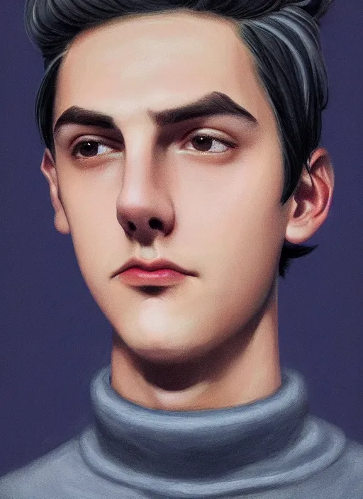 Image similar to portrait of teenage jughead jones wearing a light grey crown, crown, blue turtleneck, 1 9 5 0 s, closed eyes, photorealistic, black hair, glowing lighting, intricate, elegant, glowing lights, highly detailed, digital painting, artstation, concept art, smooth, sharp focus, illustration, art by wlop, mars ravelo and greg rutkowski