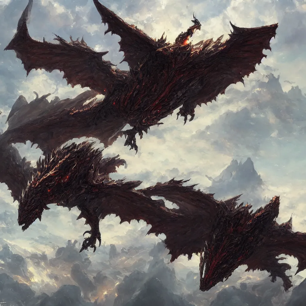 Image similar to oil painting of one deathwing dragon flying down on earth by greg rutkowski, closed up view