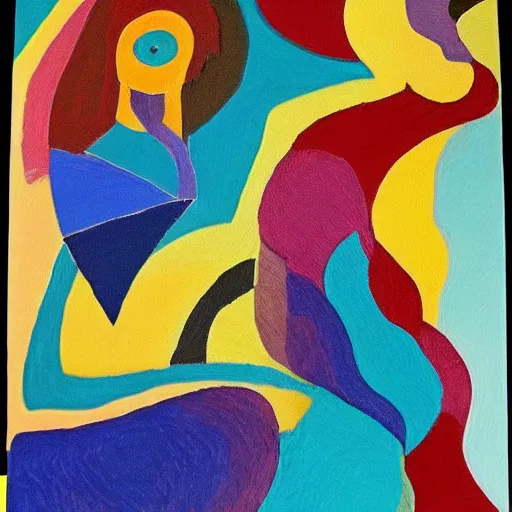 Prompt: woman weaves the stories for her community, abstract art in the style of aborginal painting and Georgia o keefe,