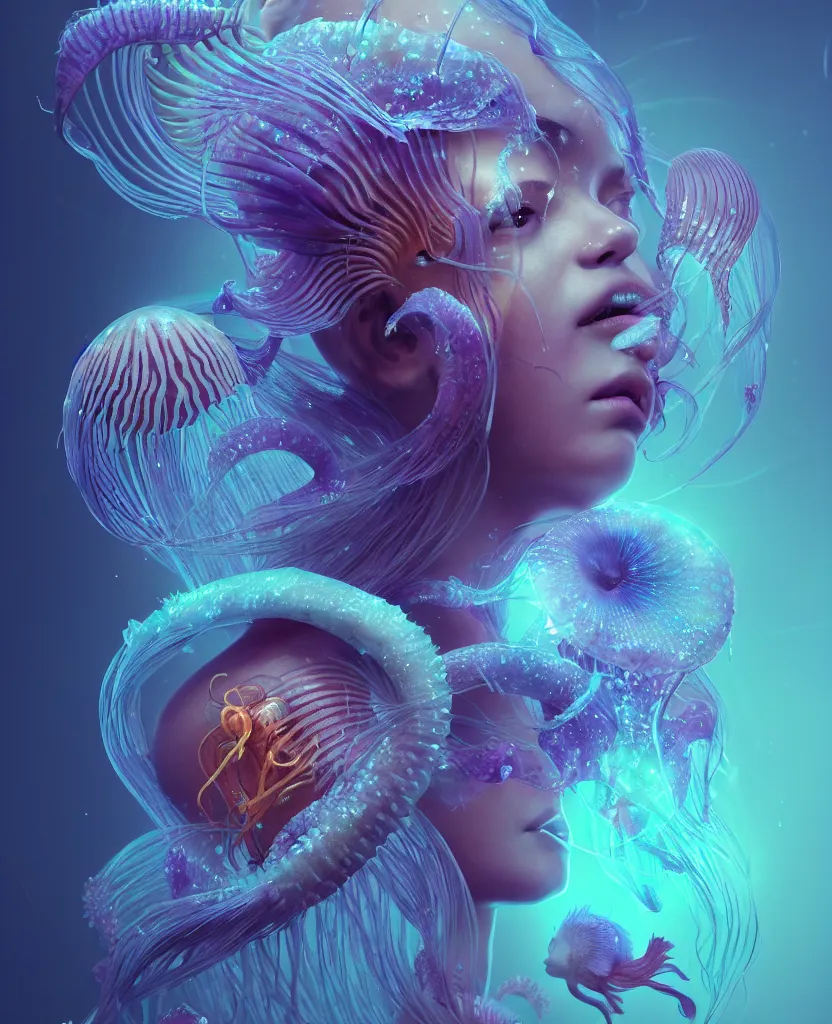 Image similar to goddess close-up portrait. orchid jellyfish phoenix head, nautilus, skull, betta fish, bioluminiscent creatures, intricate artwork by Tooth Wu and wlop and beeple. octane render, trending on artstation, greg rutkowski very coherent symmetrical artwork. cinematic, hyper realism, high detail, octane render, 8k