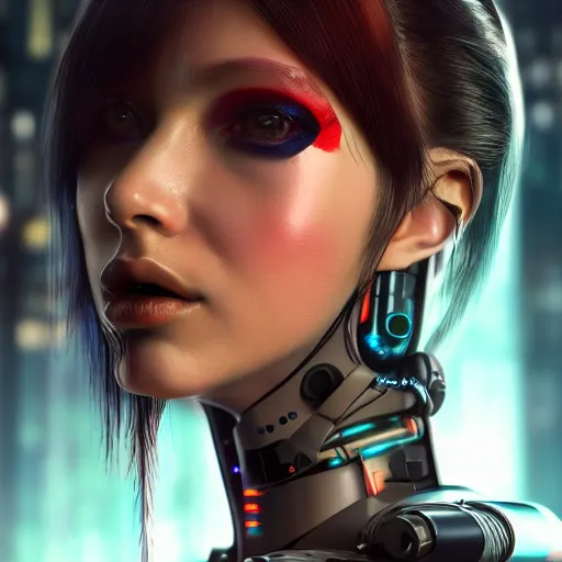 Prompt: A cyberpunk portrait of a cute woman with one robotic eyes, robot, cyborg, detailed, textured, artstation, Blade Runner, Ghost in the Shell, Alita, Battle Angle, Cyberpunk 2077, Pinterest, photorealism, octane render.