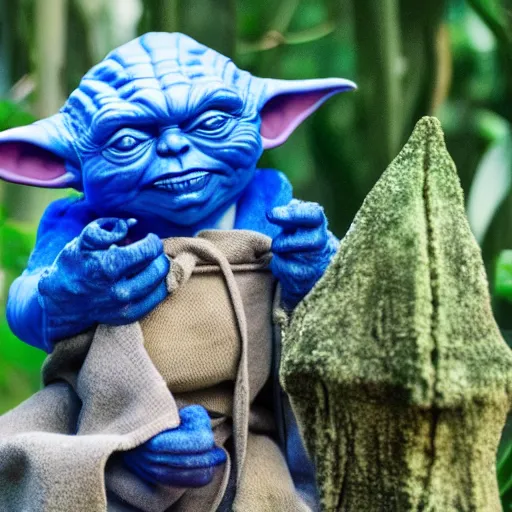 Image similar to blue Yoda surrounded by other members of his species of various colors