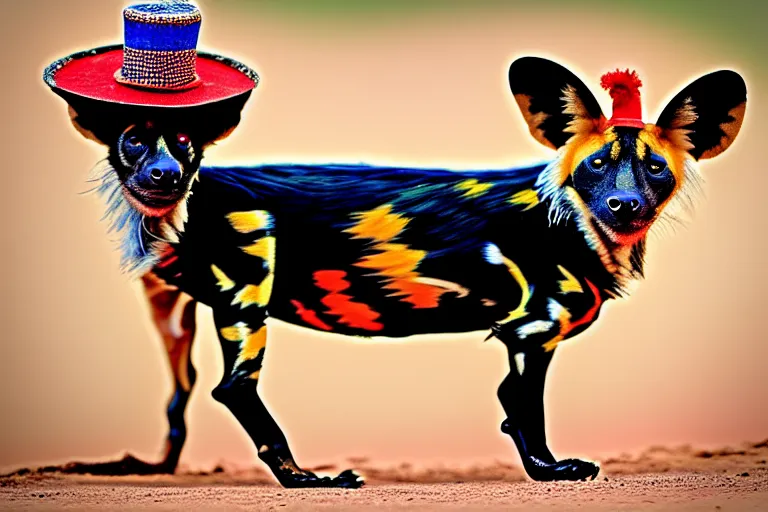 Image similar to A photo of the world's greatest showman: the african painted dog dressed in a hat!