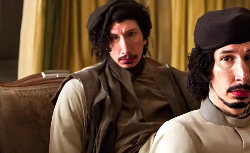 Prompt: Adam Driver as Gaddafi in 'Ddafi' (2025), movie still frame, oscar nominated cinematography, volumetric lighting, 8k resolution, beautiful composition