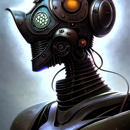 Image similar to front shot of a cyberpunk gazmask robot character, intricate, elegant, highly detailed, centered, digital painting, artstation, concept art, smooth, sharp focus, illustration, artgerm, Tomasz Alen Kopera, Peter Mohrbacher, donato giancola, Joseph Christian Leyendecker, WLOP, Boris Vallejo