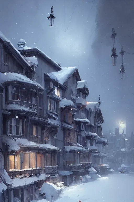 Prompt: snowy homes, by philippe gare, artstation, greg rutkowski
