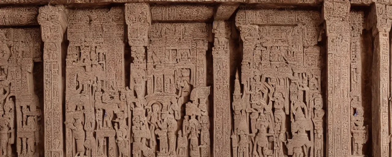 Prompt: temples intricately carved with language of the gods, depicting species long extinct and ethereal beings, sanskit, hieroglyphs, artistic carved into marble pillars at the entry way to heavan, high detail, cinema lens, cinematography, ethereal lighting - H 640