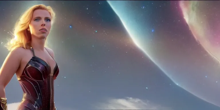 Image similar to film still of unrealistically curvy scarlett johansson, focus on facial - detail!!!!!!, walking on the bifrost, toward an endless abyss in space, wearing a flowy bikini inspired by ancient roman clothing, beautiful astronomical background with galaxies and nebulas, lack of sunlight, 8 k resolution, cinematic lighting, anatomically correct, by christopher nolan