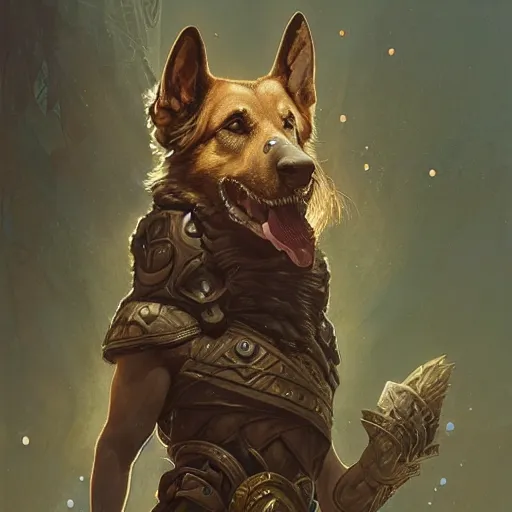 Prompt: german shepherd as odin, intricate, elegant, highly detailed, digital painting, artstation, concept art, matte, illustration, hearthstone, art by artgerm and greg rutkowski and alphonse mucha, simon stalenhag, hyperreal