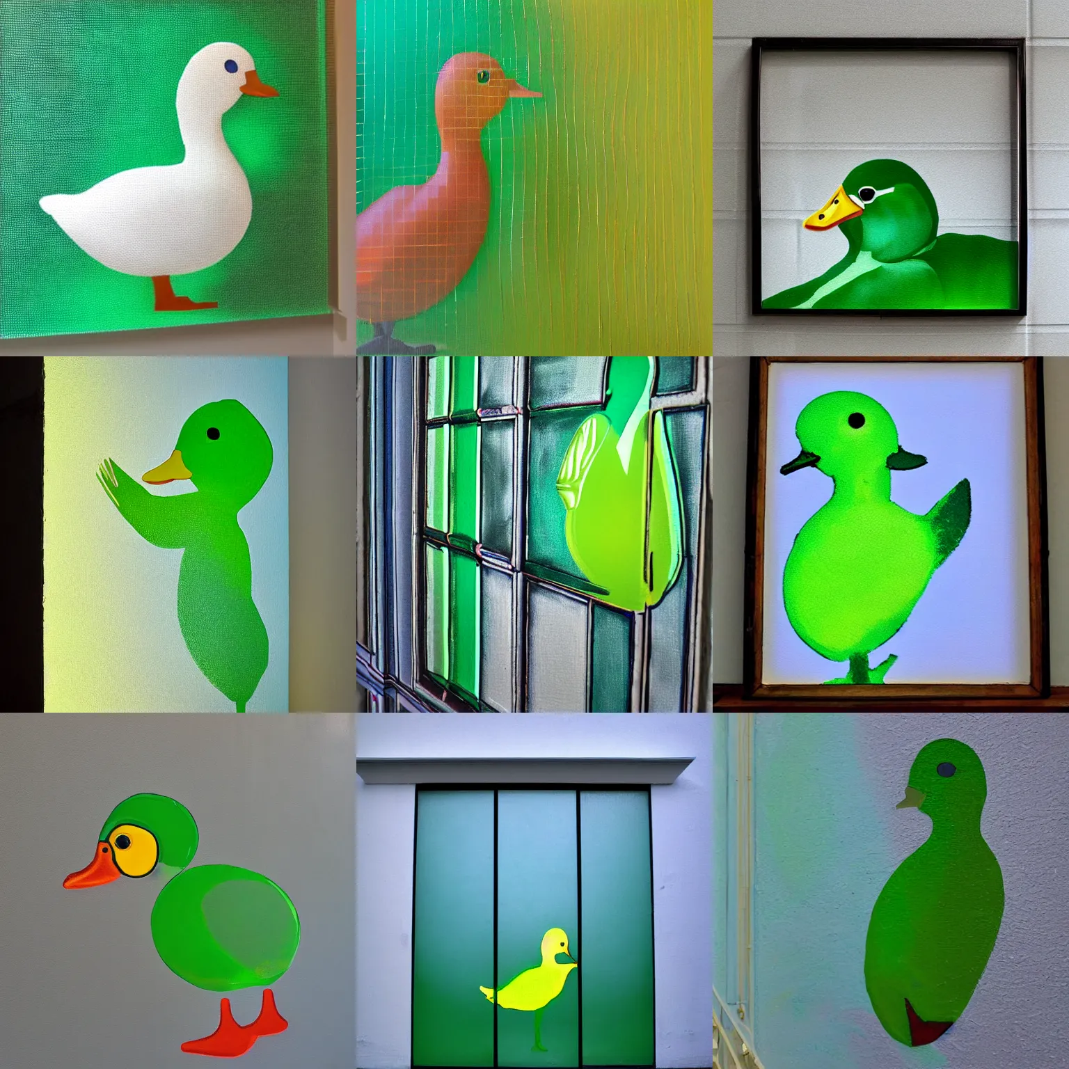 Prompt: painting on a wall is refracted through a green translucent glass duck