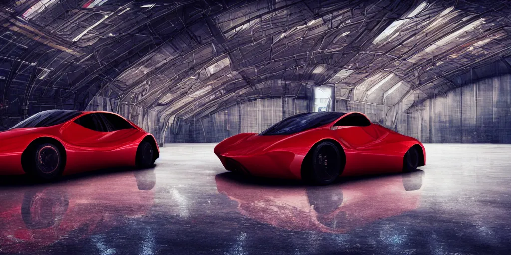 Image similar to kama russian electrocar, inside futuristic hangar, red car, sharp focus, ultra realistic, ultra high pixel detail, cinematic, intricate, cinematic light, unreal engine 8 k