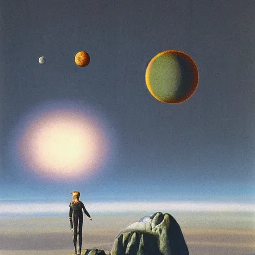 Prompt: Illustration. A beatiful illustration of a planet with two moons in the background. In the foreground, there is a woman wearing a spacesuit and holding a phaser. She is standing on a rocky surface, and there is a ship in the distance. claymation by Max Ernst robust