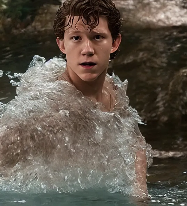 Image similar to tom holland as a mystical water creature, d & d, movie still frame, hd, remastered, film grain, cinematic lighting