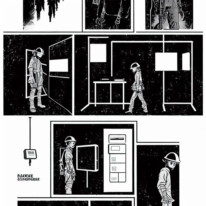 Prompt: sadie sink as a miner in a minimalist automated kiosk with options to choose from. storyboard, scifi cyberpunk. by gabriel hardman, joe alves, chris bonura. cinematic atmosphere, detailed and intricate, perfect anatomy