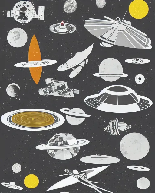 Image similar to A collage of Space Travel, landing on the moon, mid-century modern, made of random shapes cut from magazines