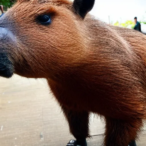 Image similar to a high detail photo of an antropomorphic capybara wearing a suit, subject= duck, subject detail: wearing a suit, photorealism