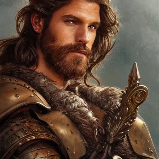 Image similar to portrait of a ruggedly handsome paladin, soft hair, muscular, half body, leather, hairy, d & d, fantasy, intricate, elegant, highly detailed, digital painting, artstation, concept art, smooth, sharp focus, illustration, art by artgerm and greg rutkowski and alphonse mucha