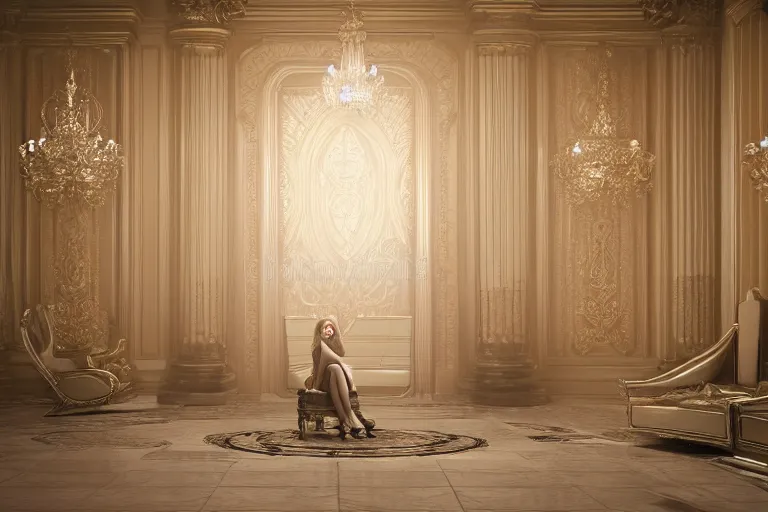 Image similar to beautiful blonde woman standing in throne room, octane render, hyper realism