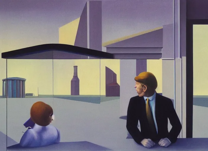 Image similar to two peculiar people with distinct personalities interacting in am urban setting, close - up of the faces : : surreal 7 0's architecture with an open ceiling, absurd designfurniture : : surrealist oil painting by edward hopper, francis bacon, dora maar and rene magritte