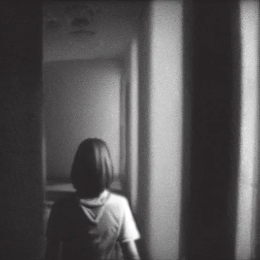 Image similar to lisa from the p. t. video game, it is deformed and is staring at the camera from the end of a dark liminal hallway. caught on vhs, film grain, flashlight lighting,