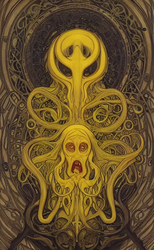 Prompt: Hastur the King in Yellow, art nouveau horror artwork of an eldritch lovecraftian elder god, by alphonse mucha, Adolfo Hohenstein, Alice Russell Glenny, greg rutkowski, 4k, trending on artstation, smooth, sharp focus