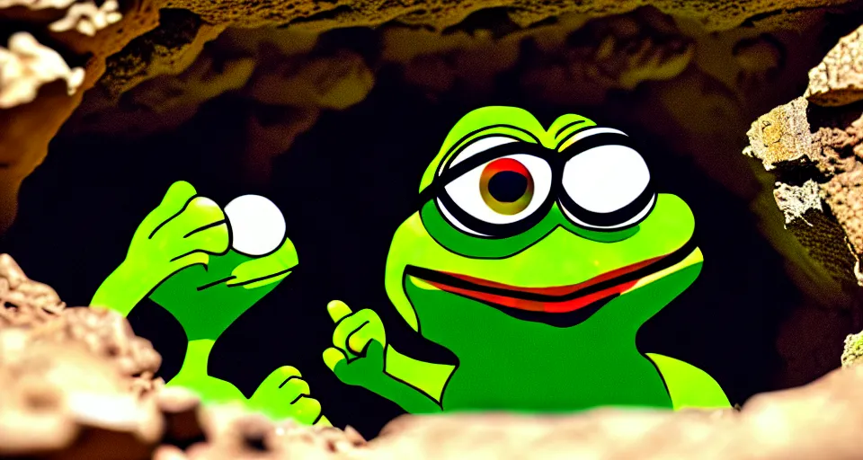 Image similar to pepe in a cave digging crystals