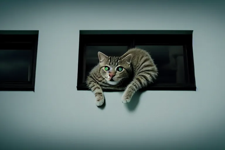 Image similar to vfx film closeup, cat on a window ledge, flat color profile low - key lighting award winning photography arri alexa cinematography, hyper real photorealistic cinematic, atmospheric cool colorgrade