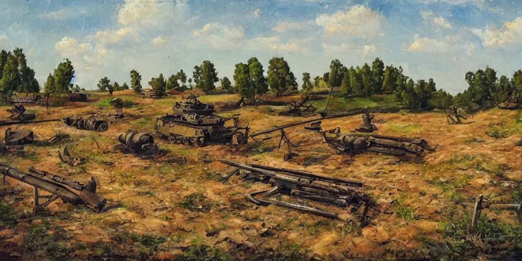 Image similar to landscape of the eastern front, summertime, abandoned equipment, shell holes, oil painting in the style of peredvizhniki