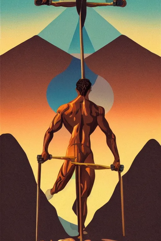 Image similar to a beautiful symmetrical art deco tarot painting of a gorgeous muscular man holding a walking stick standing atop a mountain at sunrise, vintage tourism poster, trending on artstation