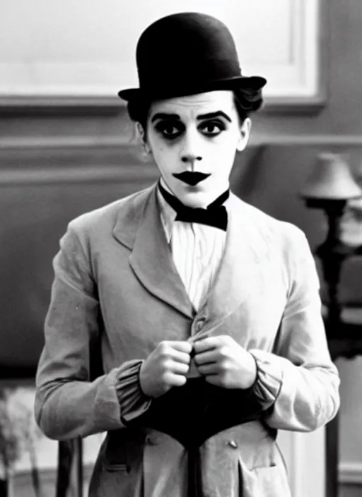 Prompt: emma watson starring as charlie chaplin, frame from the silent comedy movie