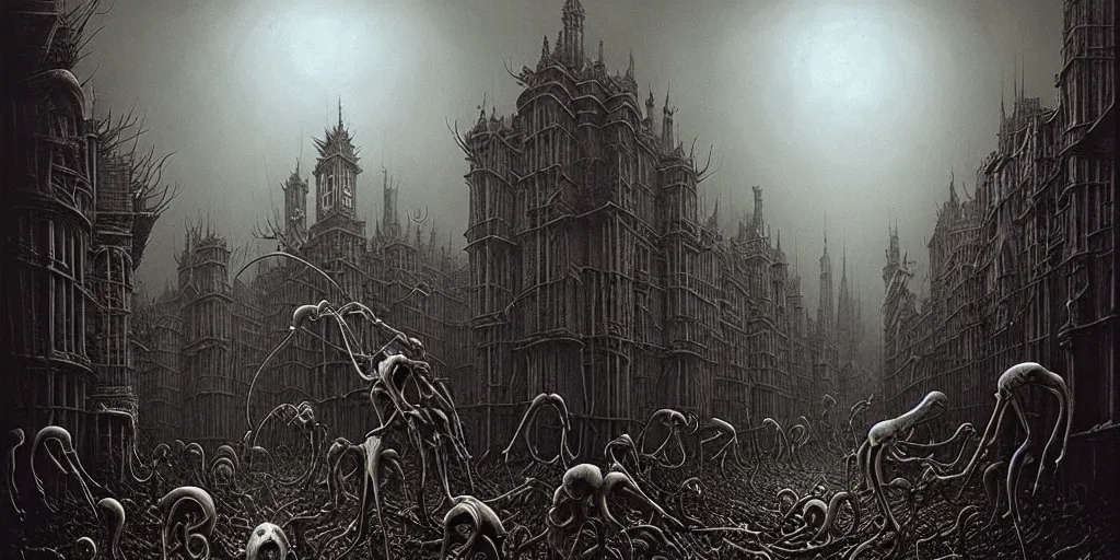 Prompt: matte painting of eldritch creatures with surrealistic morphed skeletons roaming the streets of London, Zdzislaw Beksinski, Wayne Barlowe, Joe Fenton, gothic, cosmic horror, dystopian, biomorphic, lovecraftian, amazing details, cold hue's