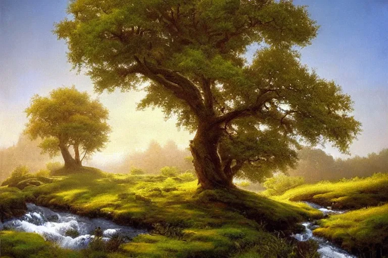 Prompt: masterpiece painting of oak trees on a hillside overlooking a creek, dramatic lighting, by tyler edlin