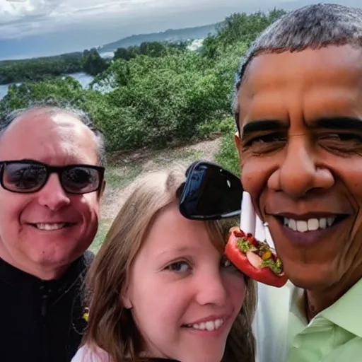 Prompt: selfie photo taken by barack obama while holding a hotdog, wide angle