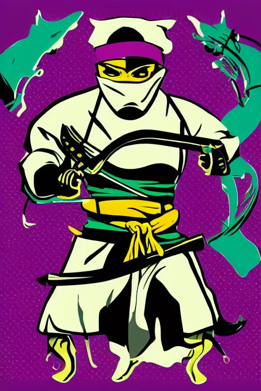 Prompt: a vector based illustration about a gangster ninja the style of pop art, negative space is mandatory, no gradients, black ink on white background, smooth curves, vector spline curve style