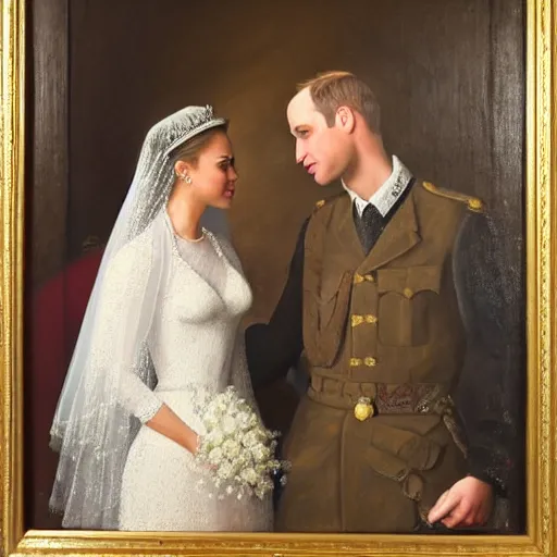 Image similar to detailed painting of prince william marrying american popstar miley cyrus, happy couple, official portrait, national portrait gallery, oil on canvas, painting