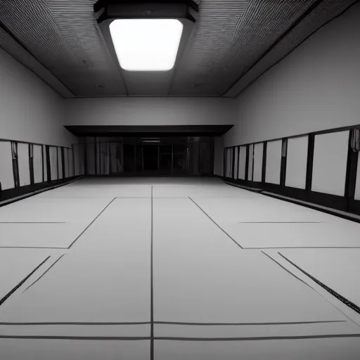 Image similar to a cinematic frame of a large empty dojo, night time, shot by roger deakins, dimly lit, low ceilings, beautiful futuristic architecture, chris nolan movie, good composition