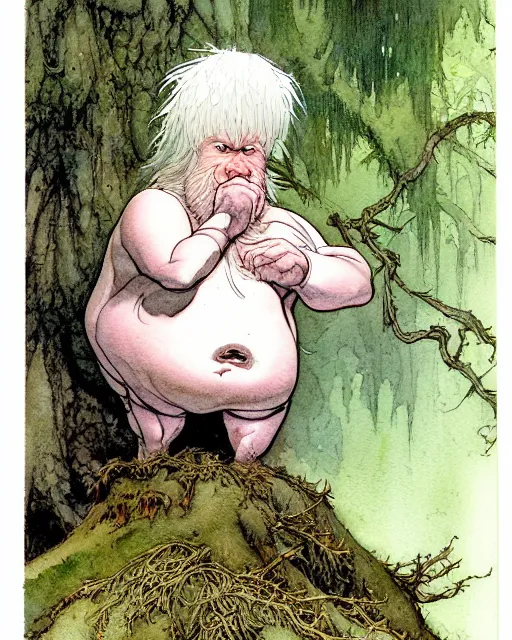 Image similar to a realistic and atmospheric watercolour fantasy character concept art portrait of a short fat chibi albino bigfoot in the forest. by rebecca guay, michael kaluta, charles vess and jean moebius giraud