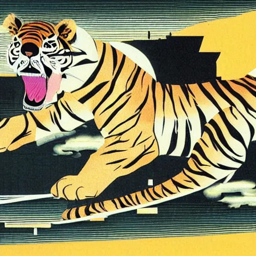 Image similar to a delorean protecting a tiger, japanese magazine collage, art by hsiao - ron cheng and utagawa kunisada