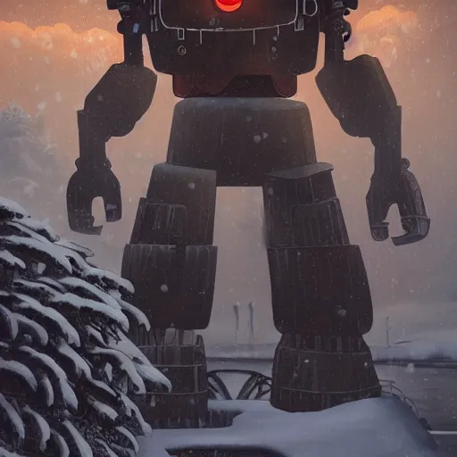 Image similar to the iron giant in war mode standing in the snow, highly detailed, steam punk, midjourney, 70's sci-fi, deep aesthetic, 4k, highly ornate intricate details, rich colors, digital artwork, symmetrical, ray tracing,