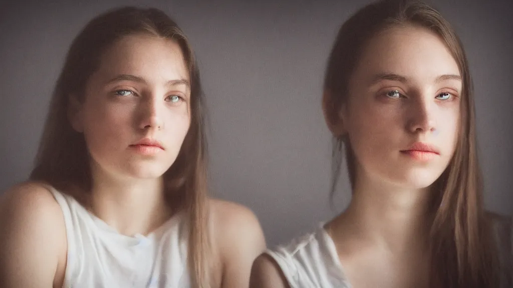 Prompt: a young woman portrait photo. broad light.