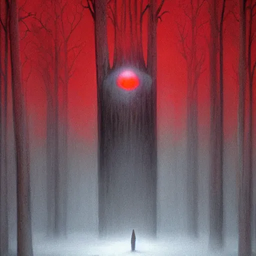 Prompt: concept art of a tall forest entity, glowing red eyes, heavy fog, digital art, trending on artstation, wayne barlowe and zdzislaw beksinski