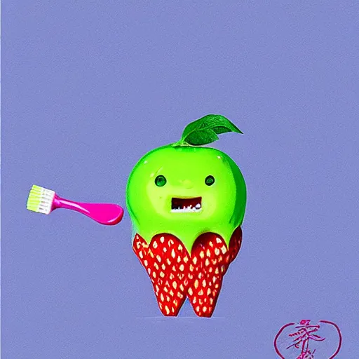 Image similar to a cute strawberry with two front teeth, holding a yellow toothbrush, in the style of chiho aoshima