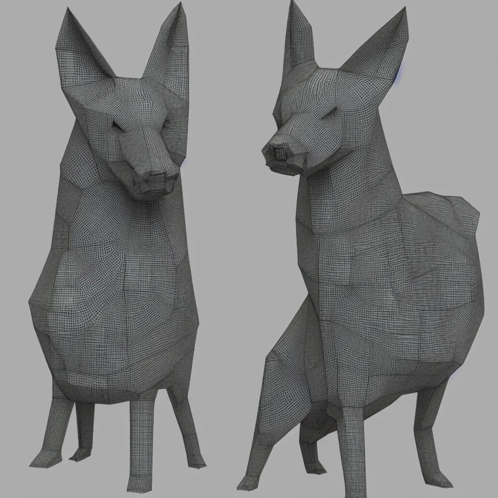 Prompt: 3 d rendering of paper japanese origami of simplified form of german shepherd, 2 d image