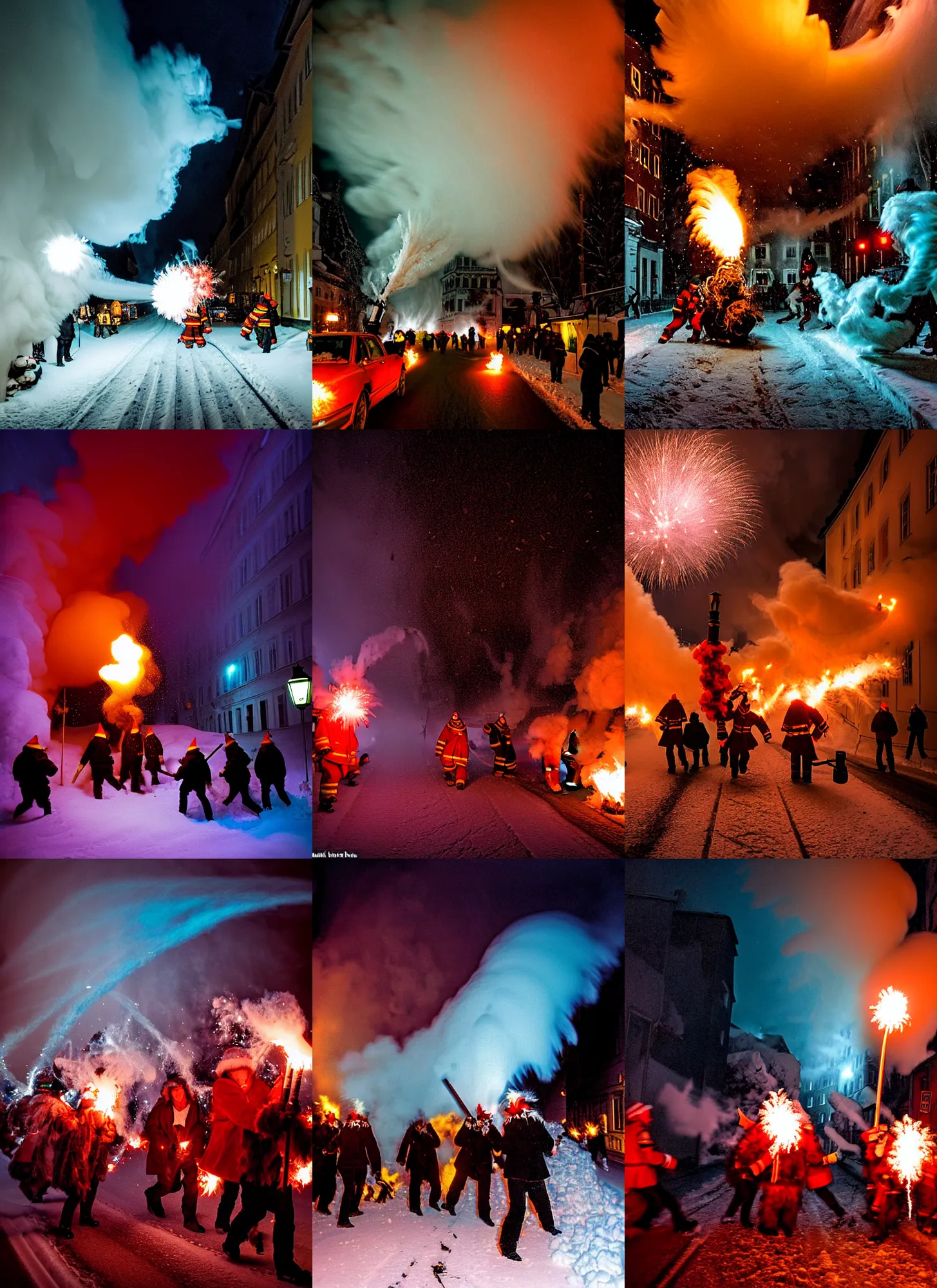 Image similar to kodak portra 4 0 0, winter, snow tornado, hellfire, award winning dynamic photograph of a bunch of hazardous krampus between exploding fire barrels by robert capas, motion blur, in a narrow lane in salzburg at night with colourful pyro fireworks and torches, teal lights