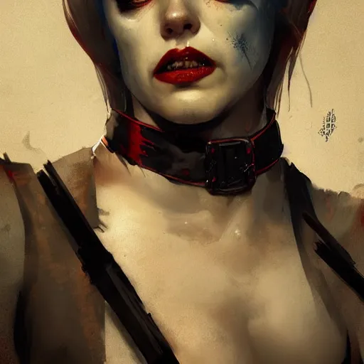 Image similar to A portrait of a Harley Quinn by greg rutkowski and alphonse muchaIn style of digital art illustration, Dark Fantasy, darksouls, hyper detailedsmooth sharp fo