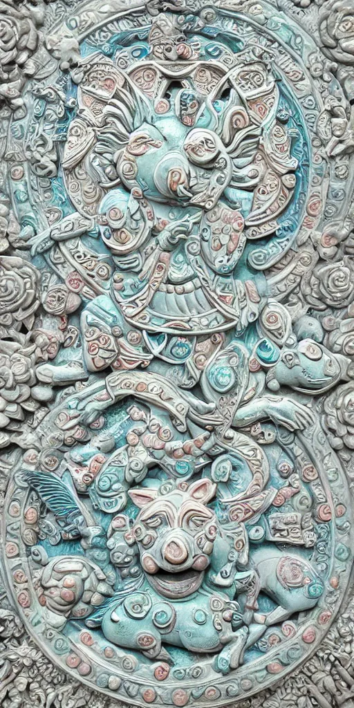 Prompt: intricate colourfully painted carved Soapstone relief paneling, white and pale blue , celestial, pig, piglet, piggy, pig goddess, mother earth, Earth Goddess mythology, Gaia, angels, divinity, Ghostly, crystaline celtic, insanly detailed , artstation, wallpaper, hyper realistic, realistic lighting