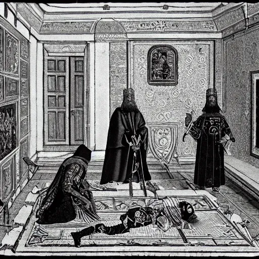 Prompt: Ivan the Terrible in his palace in Moscow is sneaking up on his son with an intention to kill him, wide angle, high detail, cyberpunk, width 768