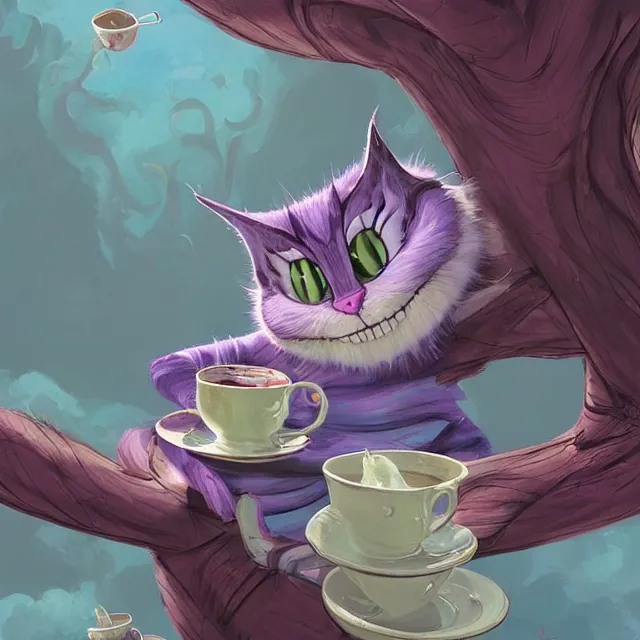 Image similar to cheshire cat drinking tea, by cory loftis, character art, very coherent, exquisite lighting, whimsical background, lighthearted, soft painting, masterpiece