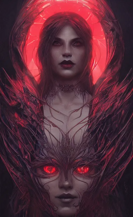 Image similar to Portrait of a dark witch, dark filaments, red glowing eyes, menacing, intimidating, intricate, headshot, highly detailed, digital painting, artstation, concept art, sharp focus, cinematic lighting, illustration, art by artgerm and greg rutkowski, alphonse mucha, cgsociety